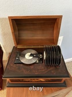 Reuge Music Treasure Chest Disc Movement Music Box with10 Discs Swiss Wood Inlay