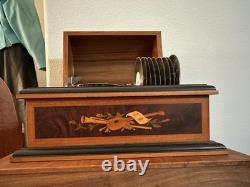 Reuge Music Treasure Chest Disc Movement Music Box with10 Discs Swiss Wood Inlay
