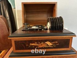 Reuge Music Treasure Chest Disc Movement Music Box with10 Discs Swiss Wood Inlay
