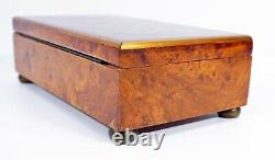 Reuge Sainte Croix Swiss Music Box 4/50, Burl Wood with Brass Inlay, Vintage