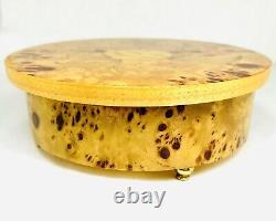 Reuge Vintage Jewelry Box Music Box Bird's Eye Maple Inlays Rose Design Round