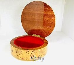 Reuge Vintage Jewelry Box Music Box Bird's Eye Maple Inlays Rose Design Round