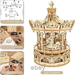 Robotime 3D Wooden Puzzle Mechanical Music Box DIY Toys Carousel Model Xmas Gift