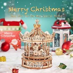 Robotime 3D Wooden Puzzle Mechanical Music Box DIY Toys Carousel Model Xmas Gift