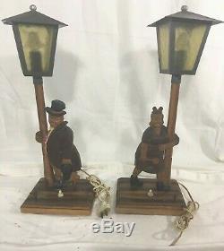 Set 2 Antique German Black Forest Hand Carved Lamps, Wind Up Music Boxes