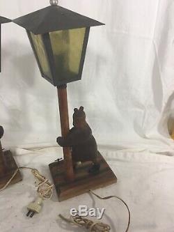 Set 2 Antique German Black Forest Hand Carved Lamps, Wind Up Music Boxes