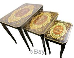 Set of 3 Vintage Nesting Coffee Side Tables Cherubs Marquetry Music Box Italy