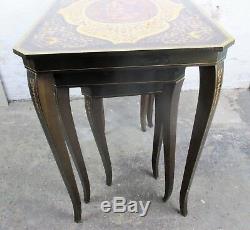 Set of 3 Vintage Nesting Coffee Side Tables Cherubs Marquetry Music Box Italy