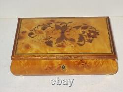 Sorrento Italy Reuge Burl Maple Wood Music Jewelry Box Inlaid Wood, Key & Insert