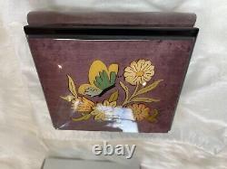 Splendid Wood Inlay Floral Music Box Purple Butterfly Plays Mozart Footed New