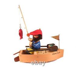 Steinbach Fisherman in Boat Music Box Carved Wood Smoker Incense Burner Germany