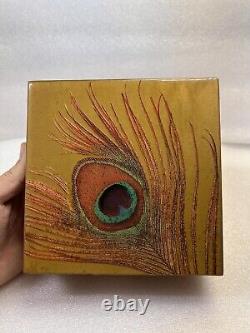 Stunning Vintage Reuge Wood Peacock Feather Design Music Jewelry Box 5440