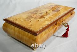 Swiss Reuge 11 Burl Wood Music Box with Key Switzerland Excellent