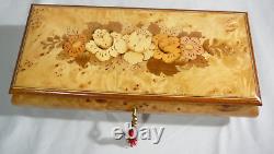 Swiss Reuge 11 Burl Wood Music Box with Key Switzerland Excellent