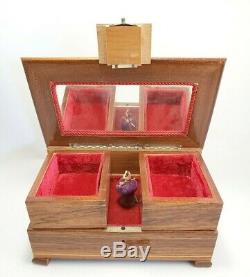 Swiss Reuge Dancing Ballerina Music Box Jewelry Wood Inlay Case Vintage W Key