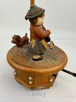 Thorens Wood Carved Musical Box with Girl Birds and Terrier Dog Do Re Mi