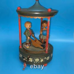 Thorens vintage wood carousel music box Rose Garden with original key WORKS