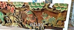 Tree Forrest Wood Carving Vintage Primitive Animals, Flowers Bas Relief Wall Art