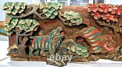 Tree Forrest Wood Carving Vintage Primitive Animals, Flowers Bas Relief Wall Art