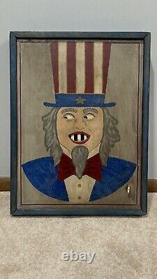 Uncle Sam Musical Wind Up Folk Art Rolling Eyes Hanging Wall Art OOAK Rare