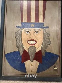 Uncle Sam Musical Wind Up Folk Art Rolling Eyes Hanging Wall Art OOAK Rare