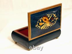 VTG Music Box Dark Blue LARA'S THEME LUTE MARQUETRY Wood Inlay 20 Note Jewelry