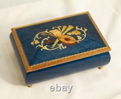 VTG Music Box Dark Blue LARA'S THEME LUTE MARQUETRY Wood Inlay 20 Note Jewelry