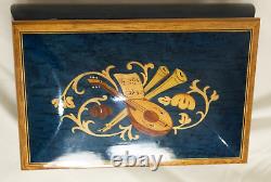 VTG Music Box Dark Blue LARA'S THEME LUTE MARQUETRY Wood Inlay 20 Note Jewelry