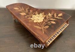 VTG Reuge Grand Piano Wood Floral Inlay Music Jewelry Box Italy'Lady' (VIDEO)