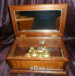 VTG SANKYO JAPAN MUSIC BOX MECHANISM w 4 BELLS IN LINDEN WOOD VENEER BOX-VIDEO