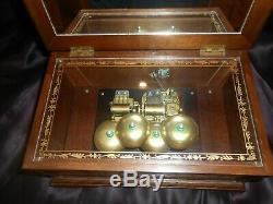 VTG SANKYO JAPAN MUSIC BOX MECHANISM w 4 BELLS IN LINDEN WOOD VENEER BOX-VIDEO