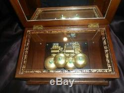 VTG SANKYO JAPAN MUSIC BOX MECHANISM w 4 BELLS IN LINDEN WOOD VENEER BOX-VIDEO