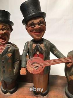 Vintage 1940s ANRI Hand CARVED WOOD BAR SET MUSICIANS Figures MUSIC BOX Works