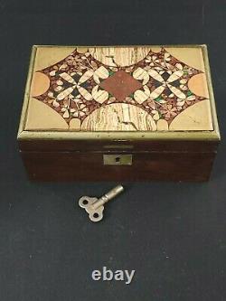 Vintage 1940s Swiss Thorens Inlay Wood Music Box 3 Songs Key Wind-up Working