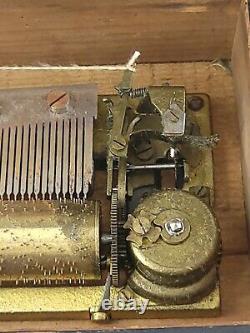 Vintage 1940s Swiss Thorens Inlay Wood Music Box 3 Songs Key Wind-up Working