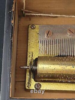 Vintage 1940s Swiss Thorens Inlay Wood Music Box 3 Songs Key Wind-up Working