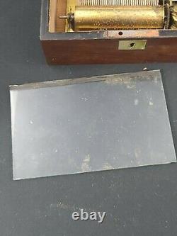 Vintage 1940s Swiss Thorens Inlay Wood Music Box 3 Songs Key Wind-up Working