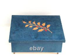 Vintage 1960's Blue Italian MAPSA Musical Jewelry Box Holly Berry Wood Inlay