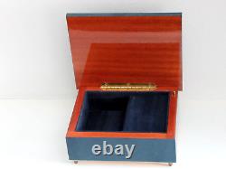 Vintage 1960's Blue Italian MAPSA Musical Jewelry Box Holly Berry Wood Inlay