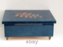 Vintage 1960's Blue Italian MAPSA Musical Jewelry Box Holly Berry Wood Inlay