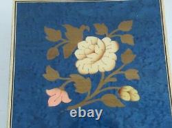 Vintage 1960's Blue Italian REUGE Musical Jewelry Box Wood Floral Inlay