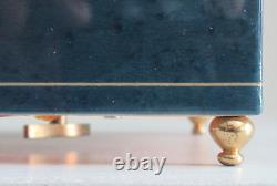 Vintage 1960's Blue Italian REUGE Musical Jewelry Box Wood Floral Inlay