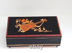 Vintage 1960s Black Italian REUGE Musical Jewelry Box Wood Guitar Branch Inlay