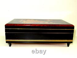 Vintage 1960s Black Italian REUGE Musical Jewelry Box Wood Guitar Branch Inlay
