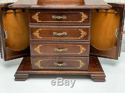 Vintage 1970's Wood Musical Jewelry Chest Box 4 Drawers Doors + Mirror JAPAN