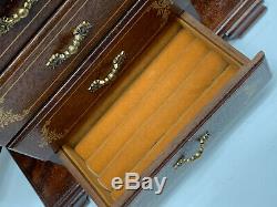 Vintage 1970's Wood Musical Jewelry Chest Box 4 Drawers Doors + Mirror JAPAN