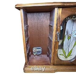 Vintage 1970s Wood Armoire Wind-up Music Player Jewelry Box Floral Stained Glass