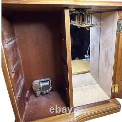 Vintage 1970s Wood Armoire Wind-up Music Player Jewelry Box Floral Stained Glass
