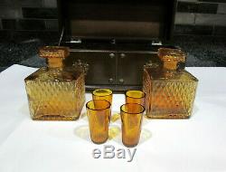 Vintage 2 Glass Decanters, Shot Glasses in Musical Wood Box, Bar Set, Cat Rescue