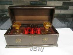 Vintage 2 Glass Decanters, Shot Glasses in Musical Wood Box, Bar Set, Cat Rescue